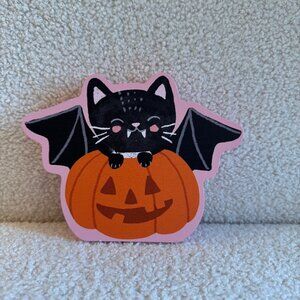 NWT! Cat w Bat Wings and Pumpkin Wood Block Sign